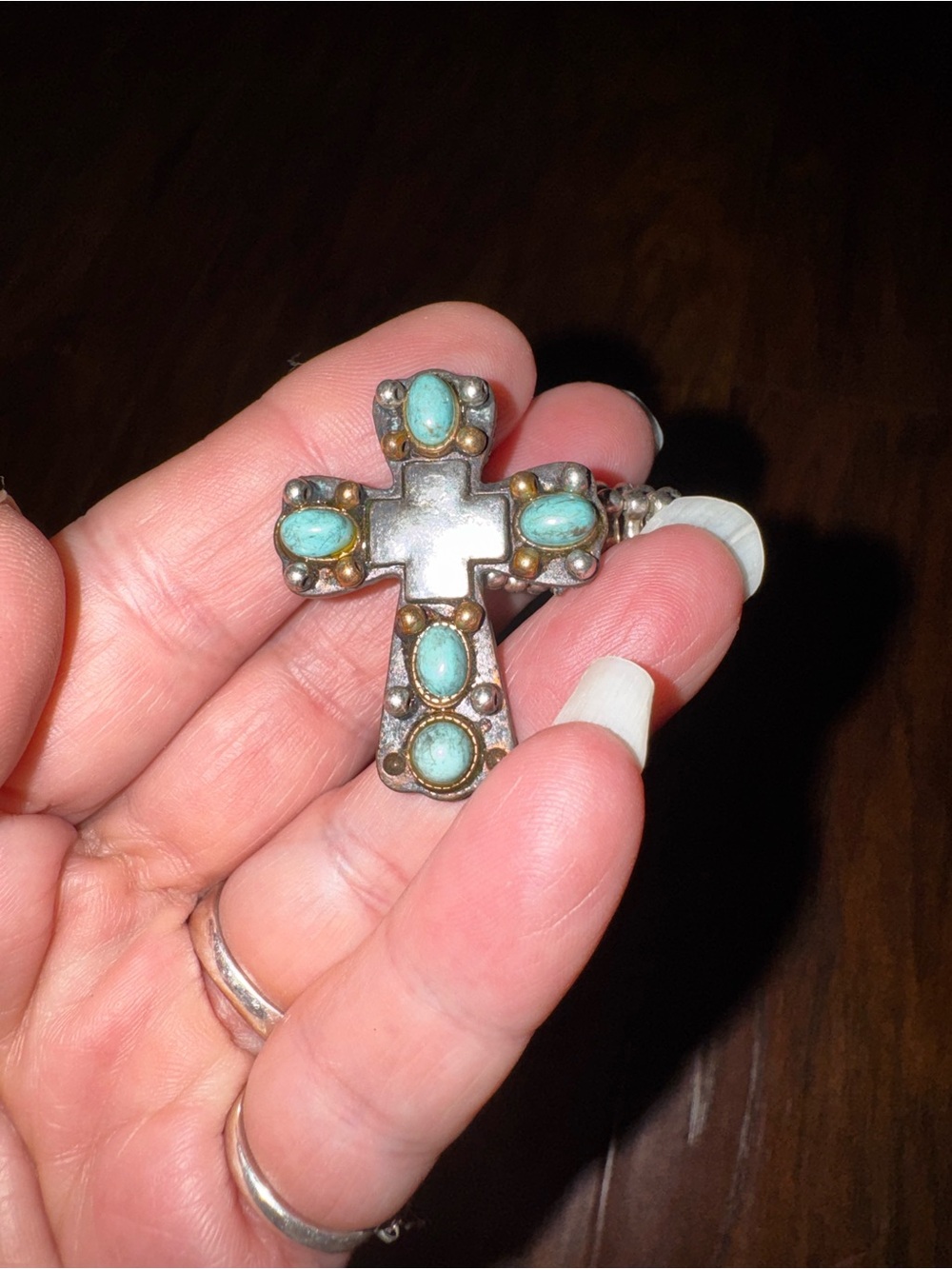 Vintage Silver Cross adjustable ring with Turquoise Cabochons - Picture 5 of 5